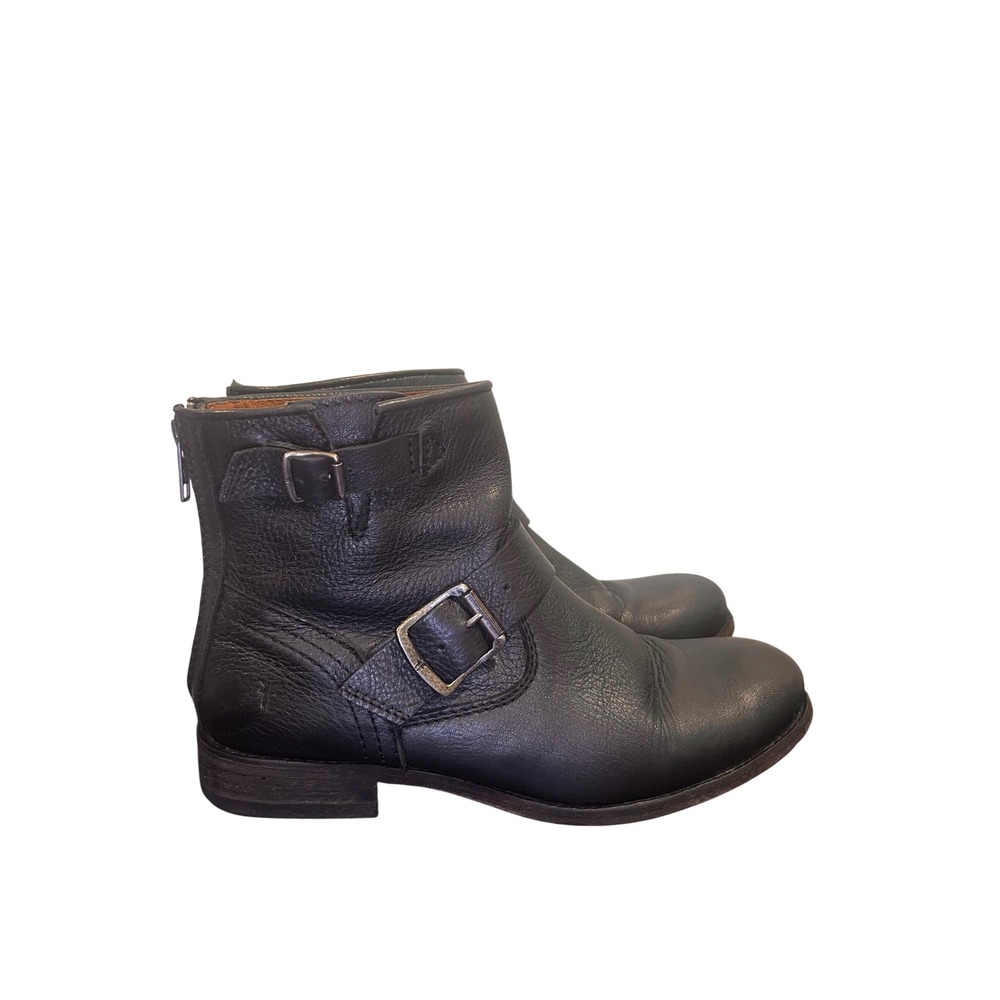 Frye‎ Women's Tyler Engineer Ankle Boots Black Leather Buckle Back Zip Sz 7 Moto